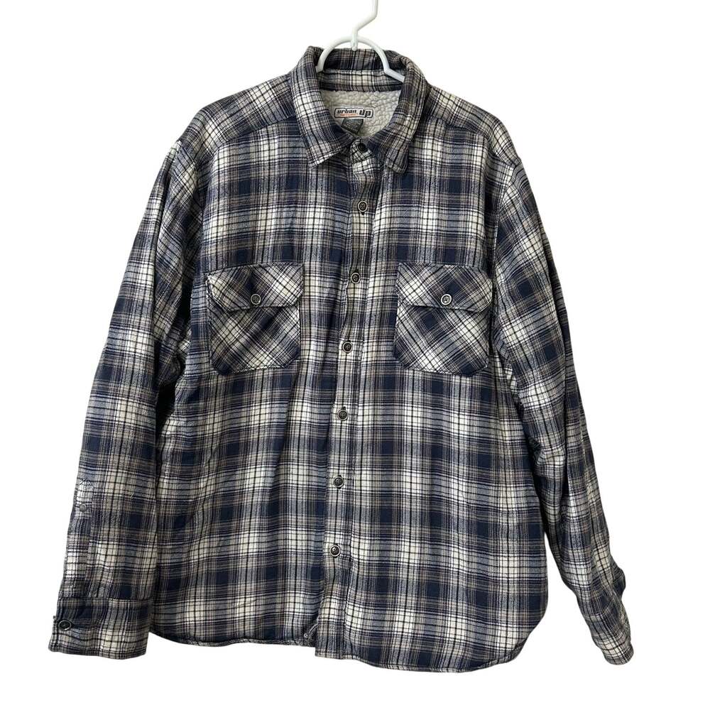 Urban Pipeline Mens Sz XL Blue & Gray Plaid Flannel Sherpa Lined Shirt Jacket